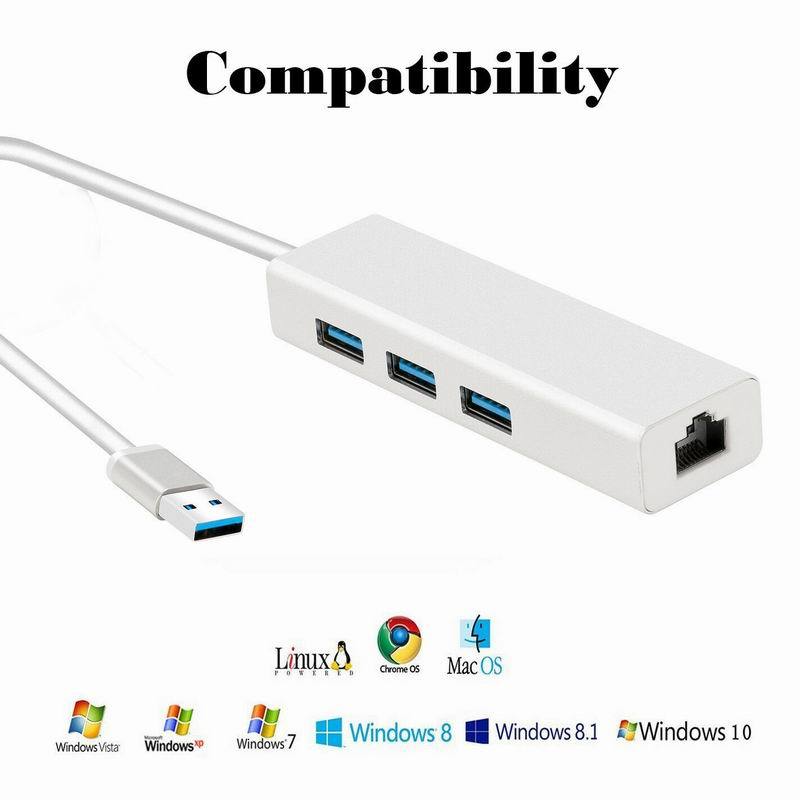 KTX-250643 USB 3.0 Gigabit Ethernet Adapter with 3-Port Hub for Mac, PC, and Chromebooks, 1000 Mbps Speed