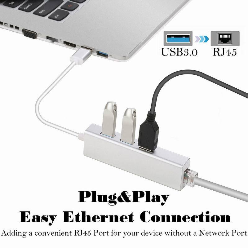 KTX-250643 USB 3.0 Gigabit Ethernet Adapter with 3-Port Hub for Mac, PC, and Chromebooks, 1000 Mbps Speed