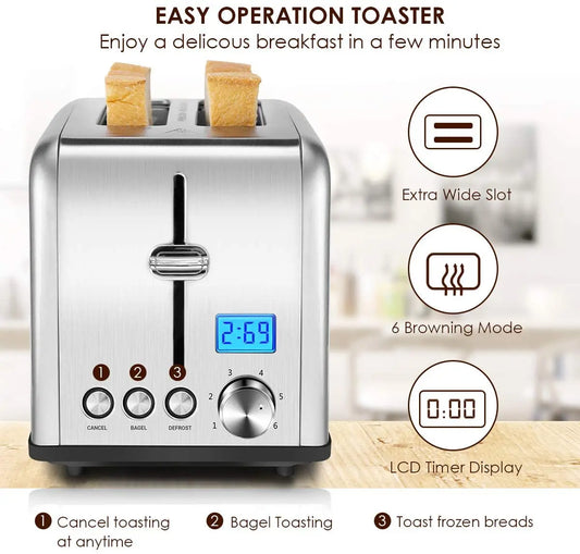 KTX-030163 Digital 2 Slice Toaster with LCD Display - Smart Kitchen Appliance for Precise Toasting