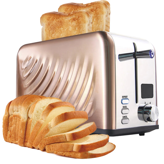 KTX-010899 Compact Electric Stainless Steel Toaster with Extra Wide Slots and LED Display for 2 Slices