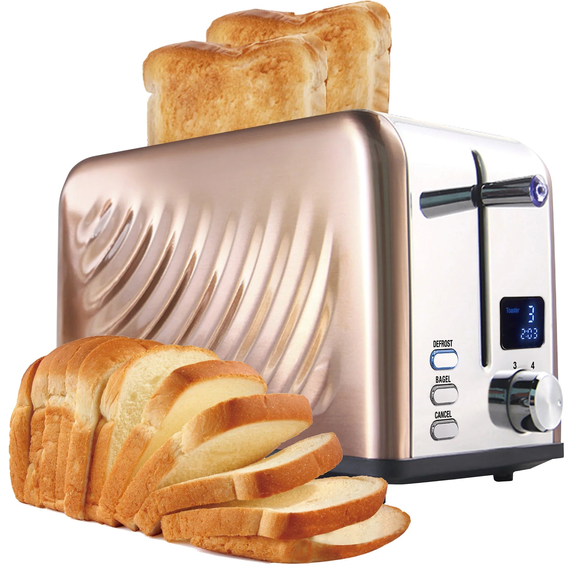 KTX-010899 Compact Electric Stainless Steel Toaster with Extra Wide Slots and LED Display for 2 Slices