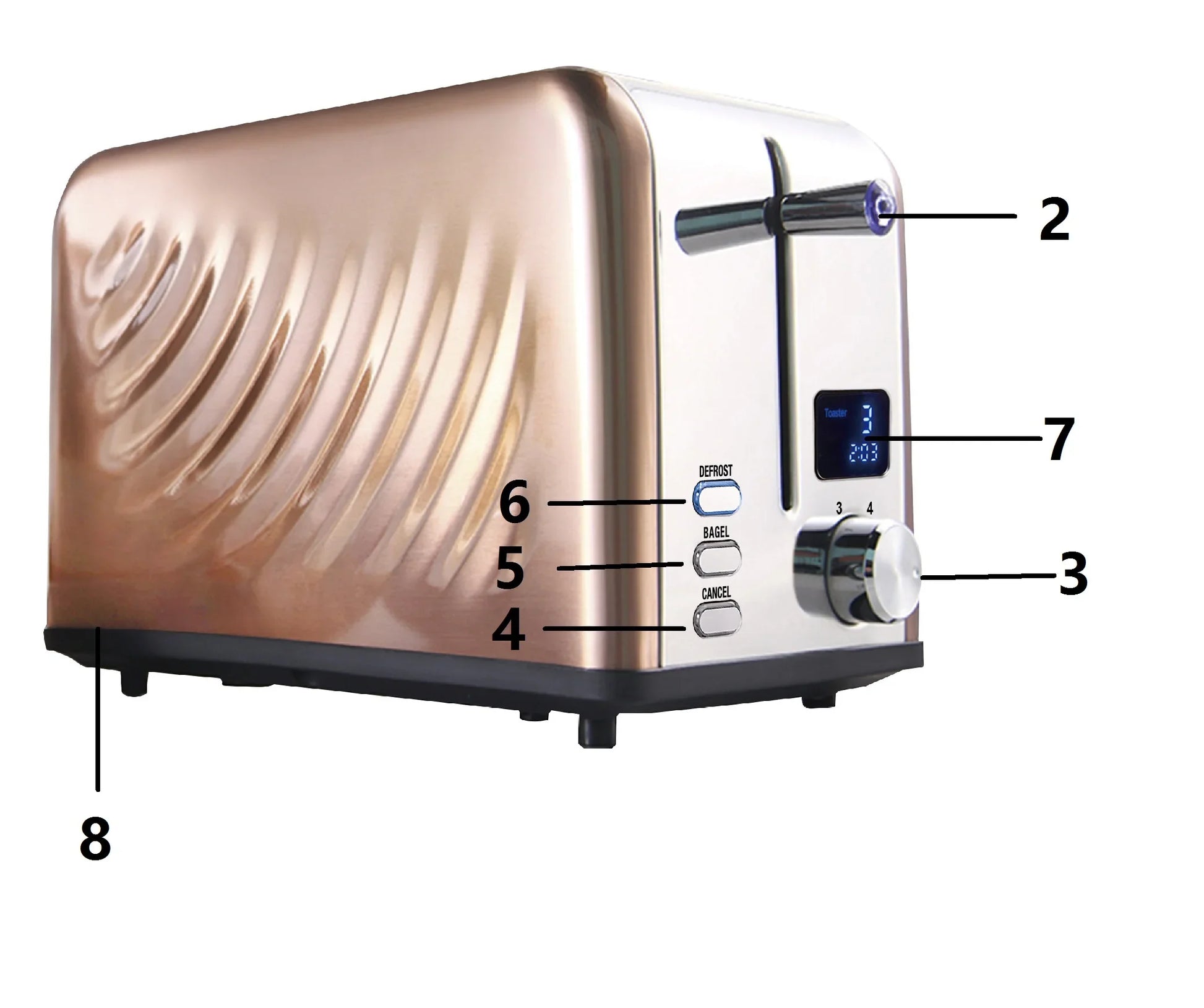 KTX-010899 Compact Electric Stainless Steel Toaster with Extra Wide Slots and LED Display for 2 Slices