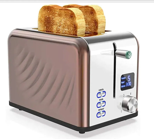 KTX-010899 Compact Electric Stainless Steel Toaster with Extra Wide Slots and LED Display for 2 Slices