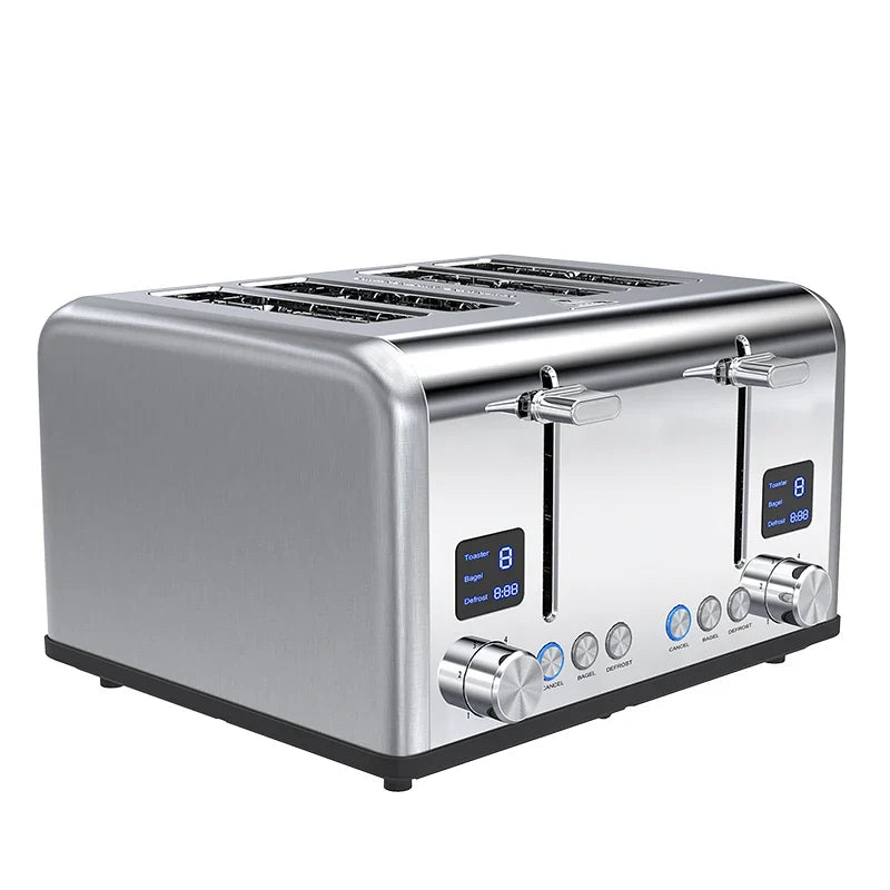 KTX-322771 Four-Slice Stainless Steel Electric Toaster with LED Display for Versatile Breakfast Preparation