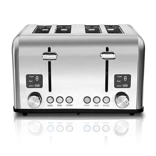 KTX-322771 Four-Slice Stainless Steel Electric Toaster with LED Display for Versatile Breakfast Preparation