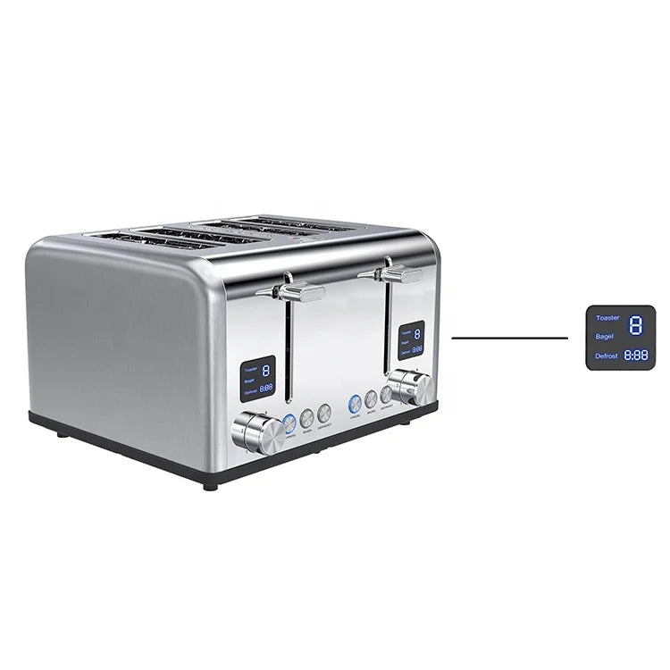 KTX-322771 Four-Slice Stainless Steel Electric Toaster with LED Display for Versatile Breakfast Preparation