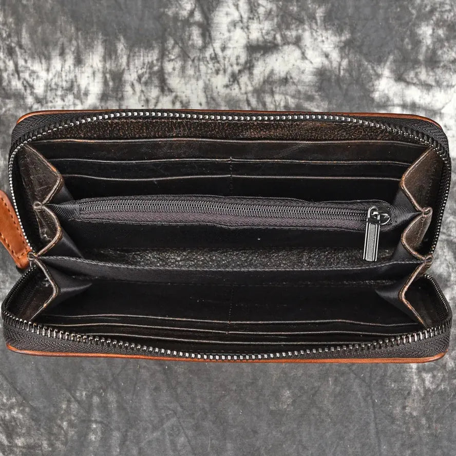 KTX-169299 Handmade Retro Multi-Card Leather Wallet in Coffee/Brown with Zipper Closure