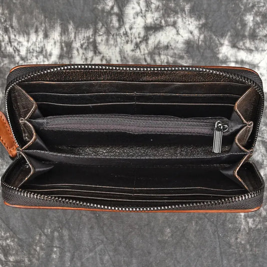 KTX-169299 Handmade Retro Multi-Card Leather Wallet in Coffee/Brown with Zipper Closure