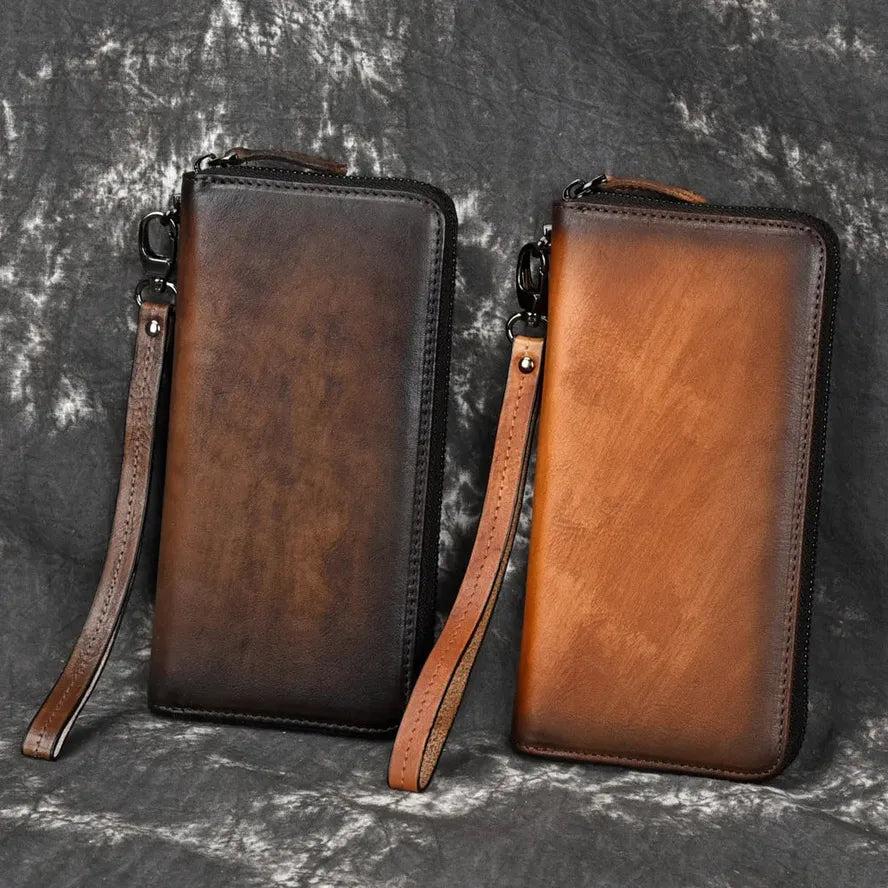KTX-169299 Handmade Retro Multi-Card Leather Wallet in Coffee/Brown with Zipper Closure