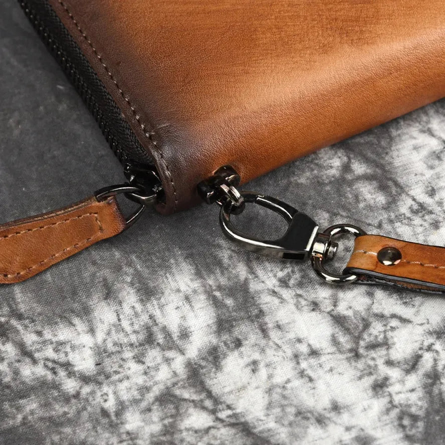 KTX-169299 Handmade Retro Multi-Card Leather Wallet in Coffee/Brown with Zipper Closure
