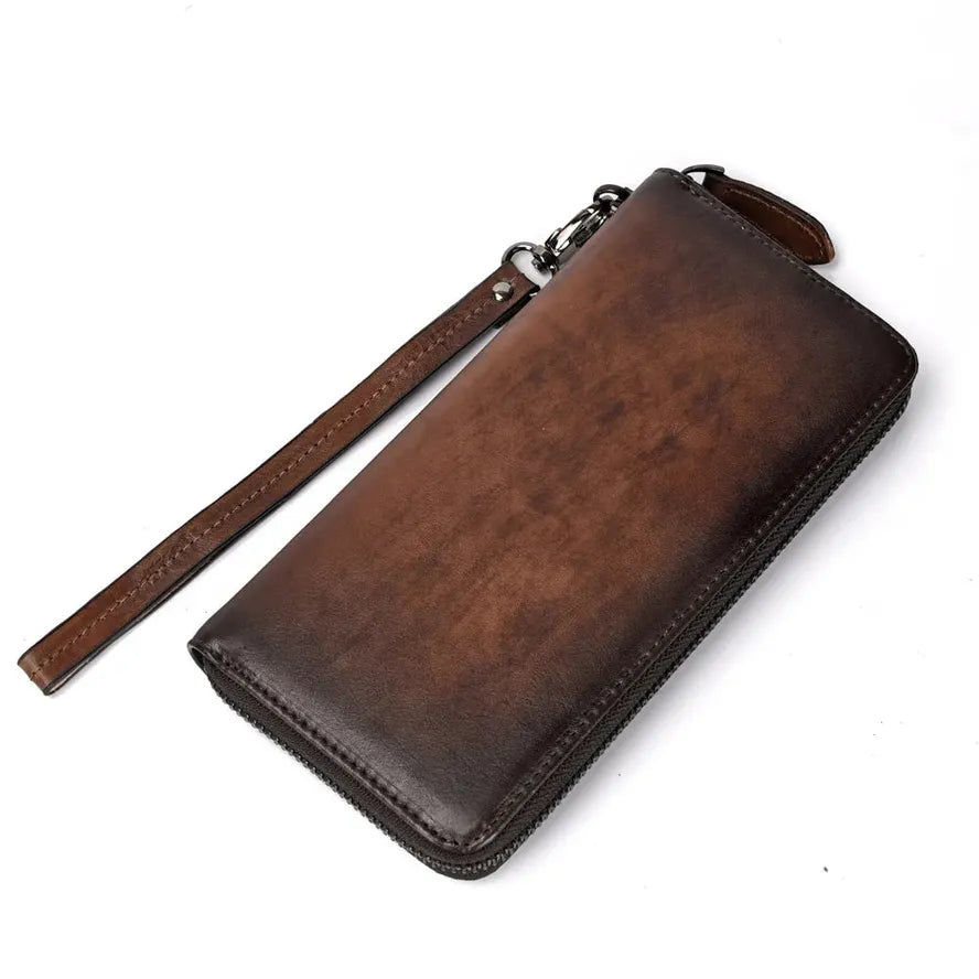 KTX-169299 Handmade Retro Multi-Card Leather Wallet in Coffee/Brown with Zipper Closure