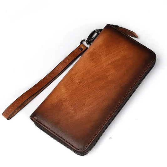 KTX-169299 Handmade Retro Multi-Card Leather Wallet in Coffee/Brown with Zipper Closure