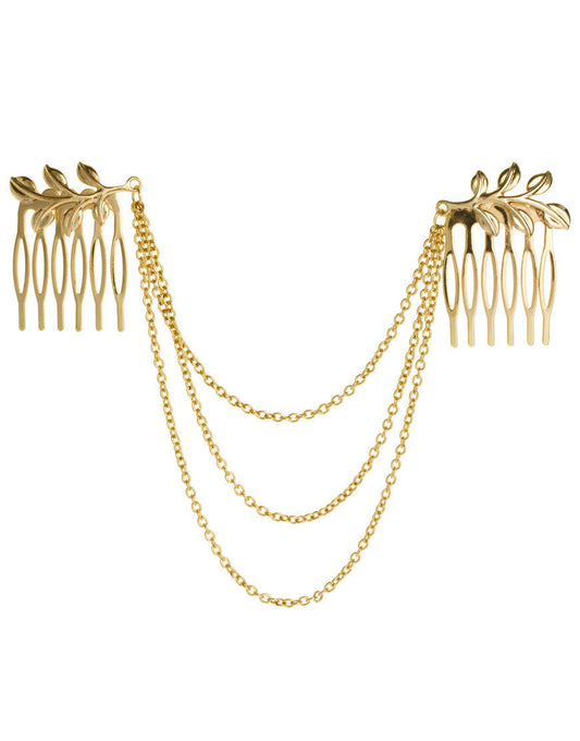KTX-237651 Leaf Chain Tassel Hair Comb - Alloy Hair Accessory for Women