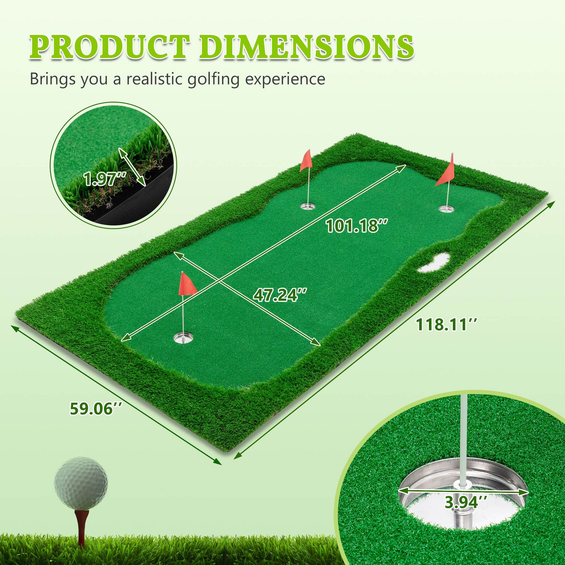 KTX-273491 Indoor Outdoor Golf Putting Green - 10x5 FT Training Mat with 3 Holes, Flags and Cups