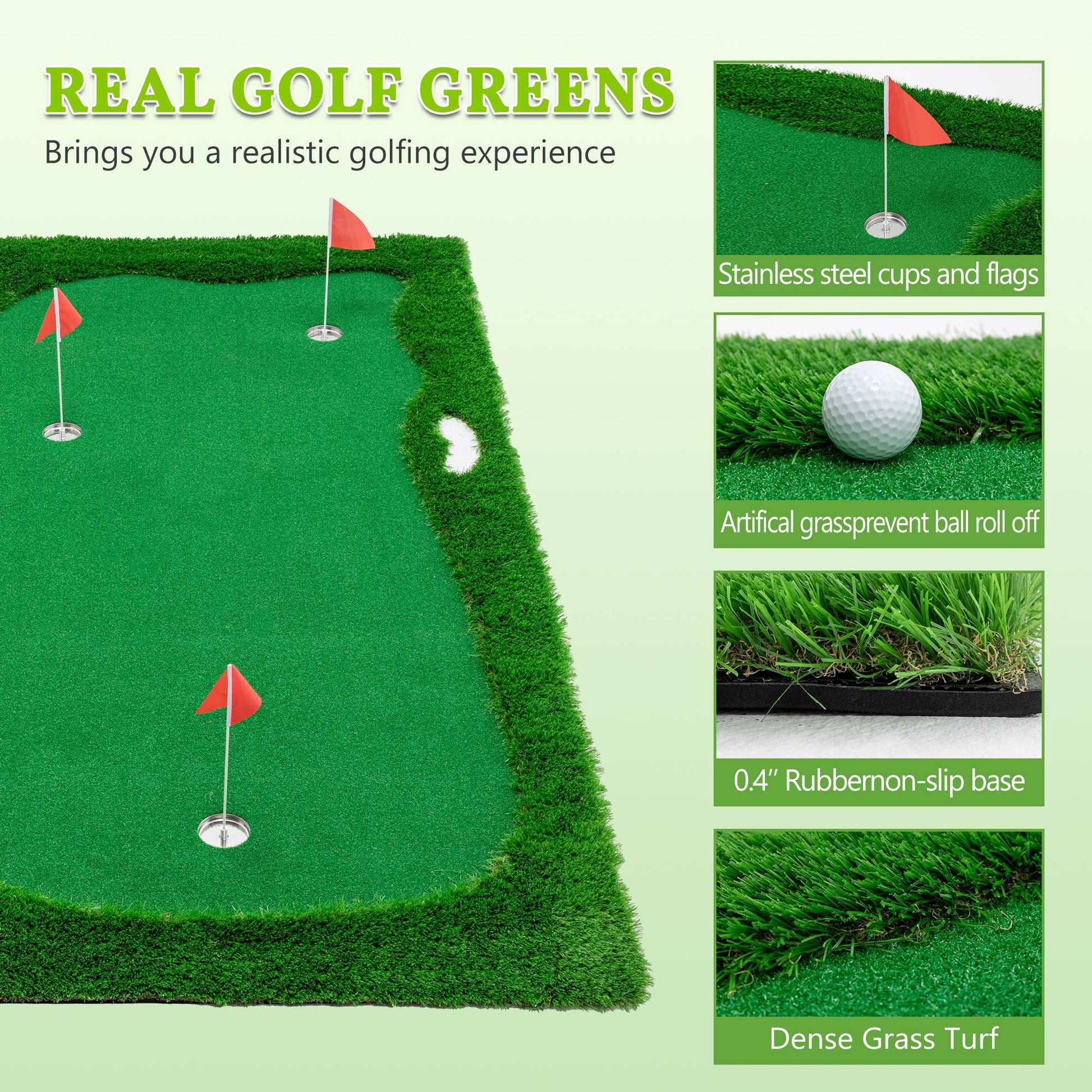 KTX-273491 Indoor Outdoor Golf Putting Green - 10x5 FT Training Mat with 3 Holes, Flags and Cups