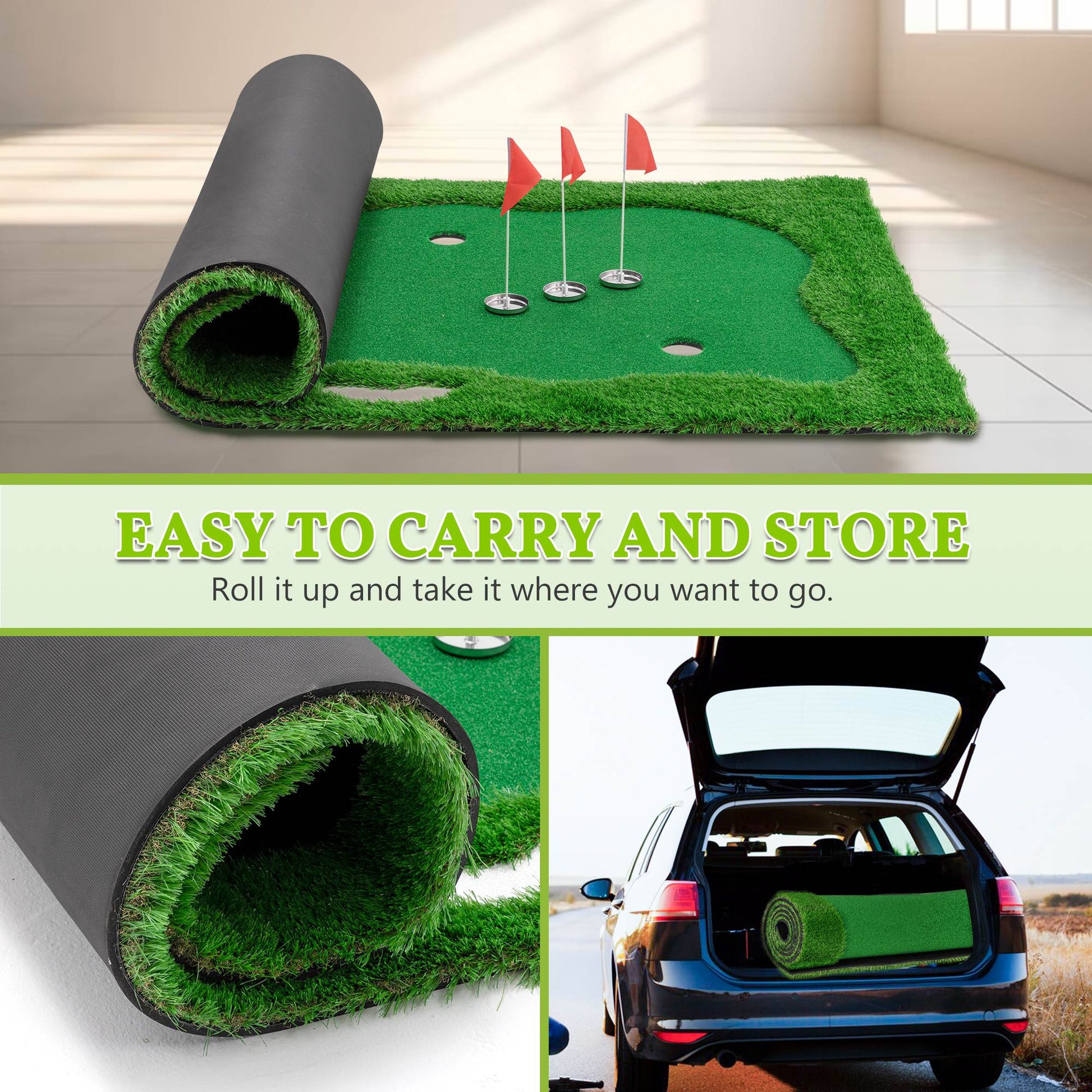 KTX-273491 Indoor Outdoor Golf Putting Green - 10x5 FT Training Mat with 3 Holes, Flags and Cups