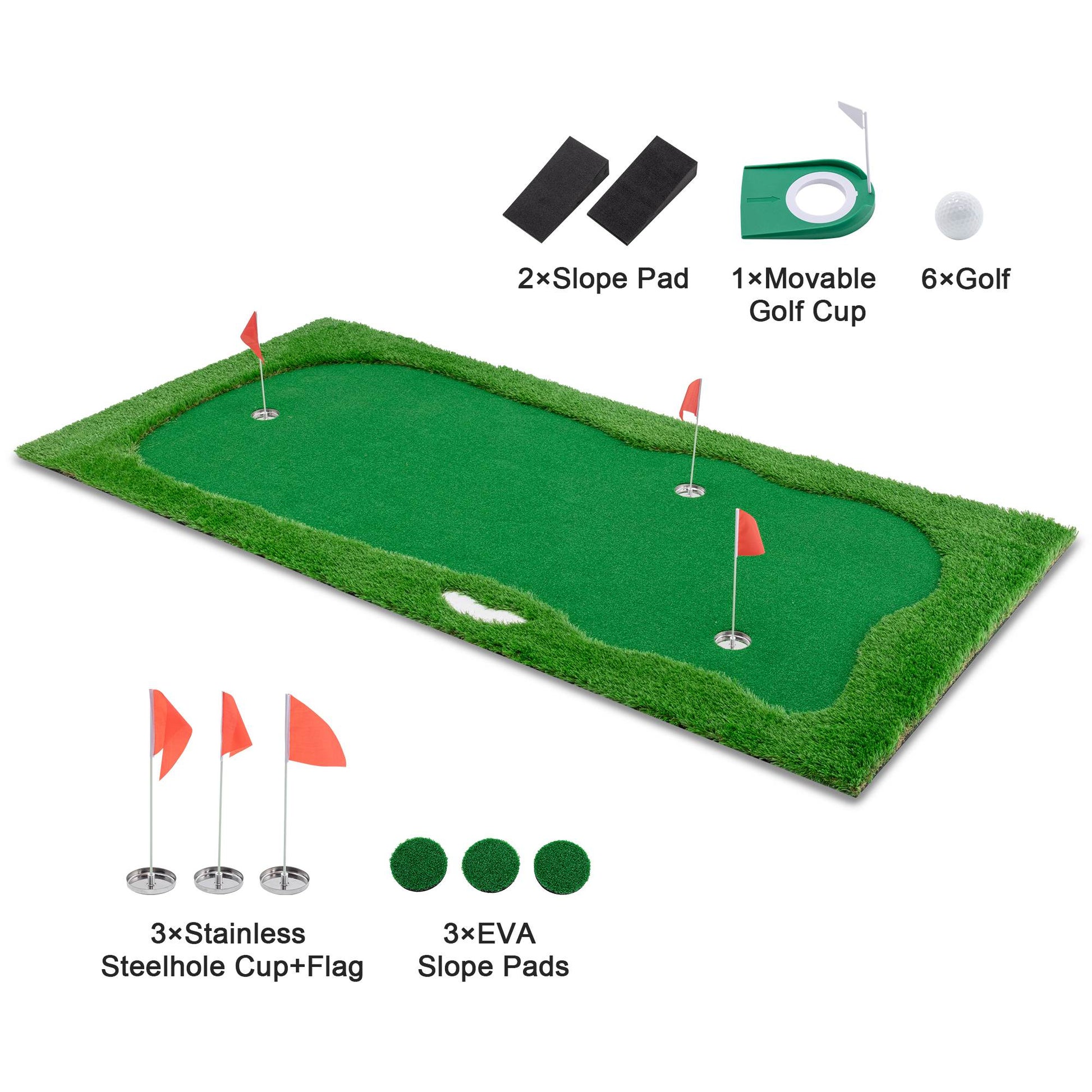 KTX-273491 Indoor Outdoor Golf Putting Green - 10x5 FT Training Mat with 3 Holes, Flags and Cups