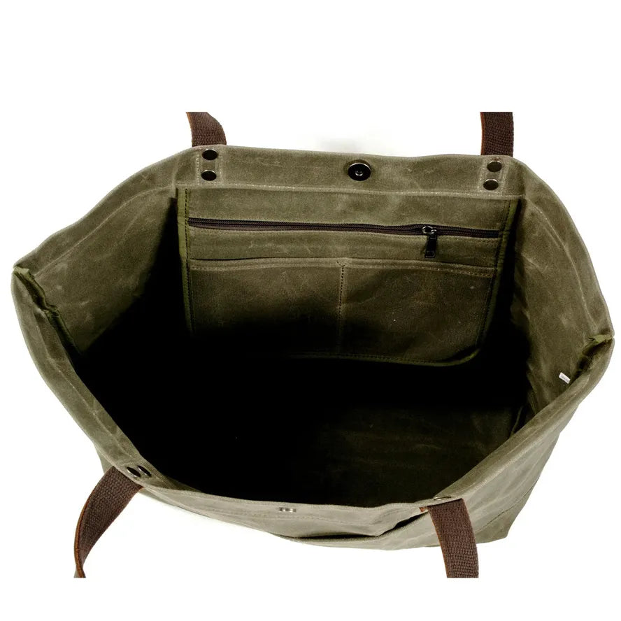 KTX-004307 Large Capacity Waxed Canvas Tote Bag with Genuine Leather Strap and Water-Resistant Design