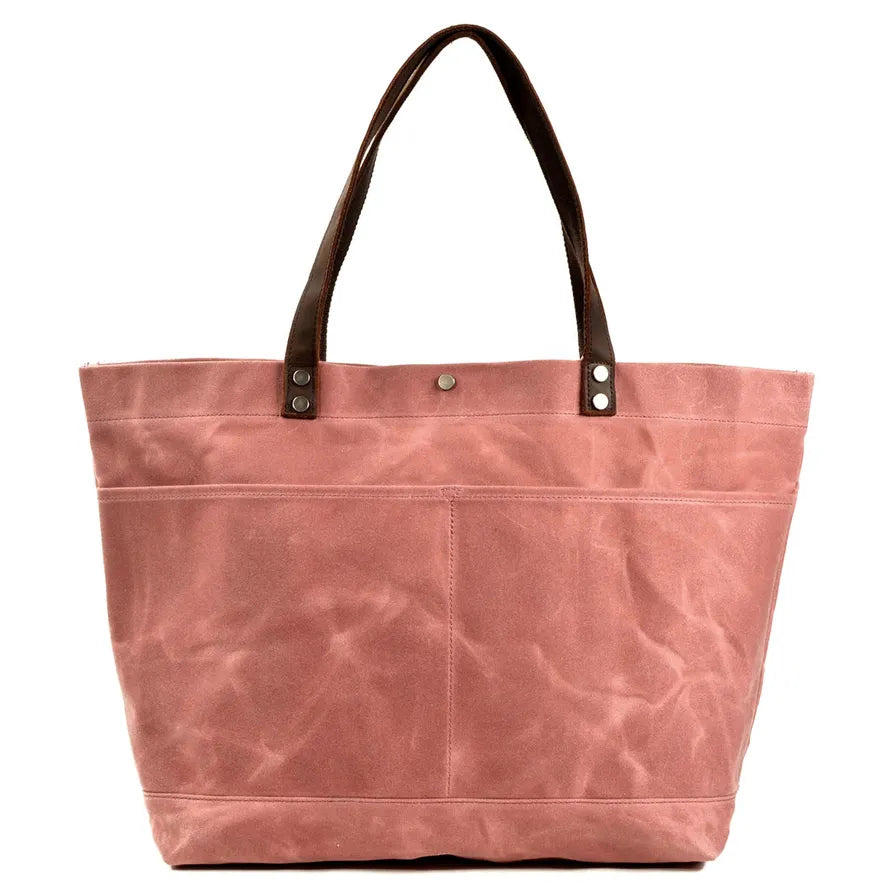 KTX-004307 Large Capacity Waxed Canvas Tote Bag with Genuine Leather Strap and Water-Resistant Design