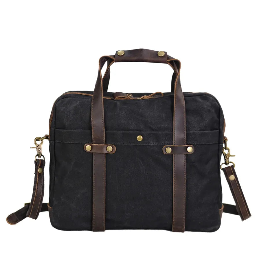 KTX-876691 Waterproof Waxed Canvas Laptop Handbag with Leather Accents - 15.6 Inch Casual Briefcase for Work