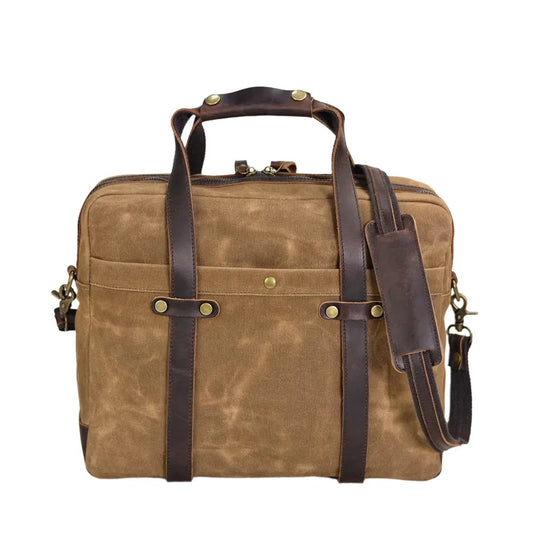 KTX-876691 Waterproof Waxed Canvas Laptop Handbag with Leather Accents - 15.6 Inch Casual Briefcase for Work