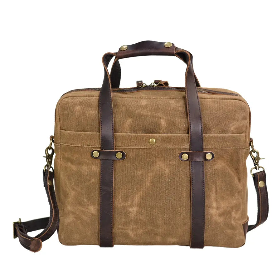 KTX-876691 Waterproof Waxed Canvas Laptop Handbag with Leather Accents - 15.6 Inch Casual Briefcase for Work
