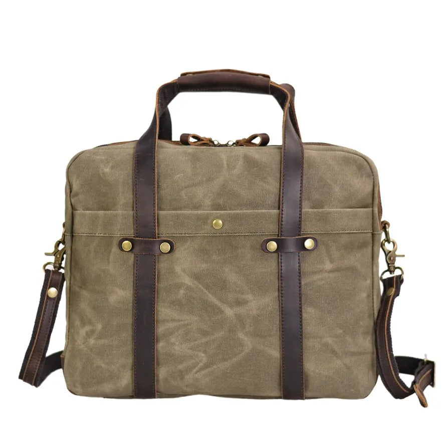 KTX-876691 Waterproof Waxed Canvas Laptop Handbag with Leather Accents - 15.6 Inch Casual Briefcase for Work