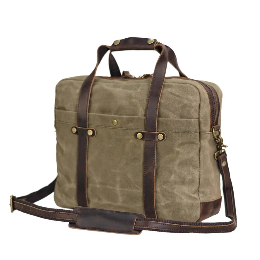 KTX-876691 Waterproof Waxed Canvas Laptop Handbag with Leather Accents - 15.6 Inch Casual Briefcase for Work