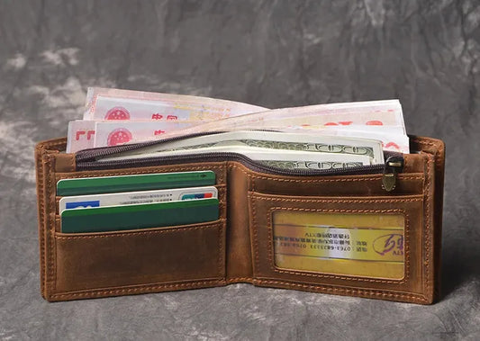 KTX-808851 Men's Cow Leather Zero Wallet - Multi-Card Short Wallet in Brown/Dark Brown, Genuine Leather with Retro Design
