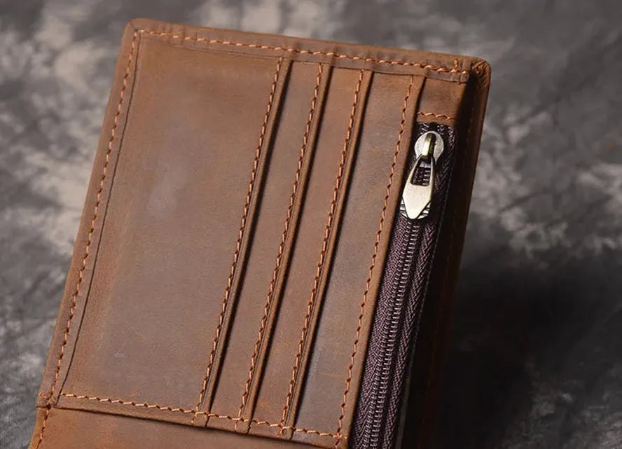 KTX-808851 Men's Cow Leather Zero Wallet - Multi-Card Short Wallet in Brown/Dark Brown, Genuine Leather with Retro Design