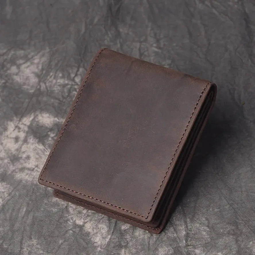 KTX-808851 Men's Cow Leather Zero Wallet - Multi-Card Short Wallet in Brown/Dark Brown, Genuine Leather with Retro Design