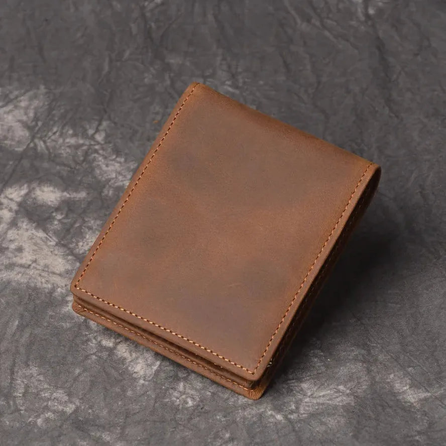 KTX-808851 Men's Cow Leather Zero Wallet - Multi-Card Short Wallet in Brown/Dark Brown, Genuine Leather with Retro Design