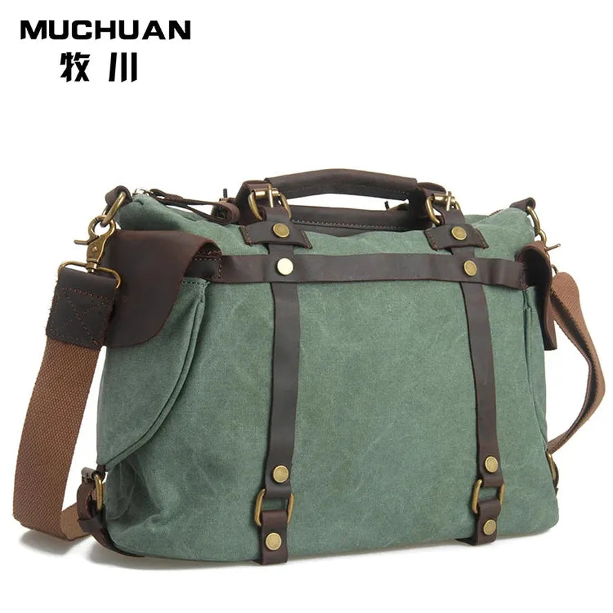 KTX-172755 High Capacity Canvas Crossbody Bag with Cowhide Trim for Leisure and Laptop Use