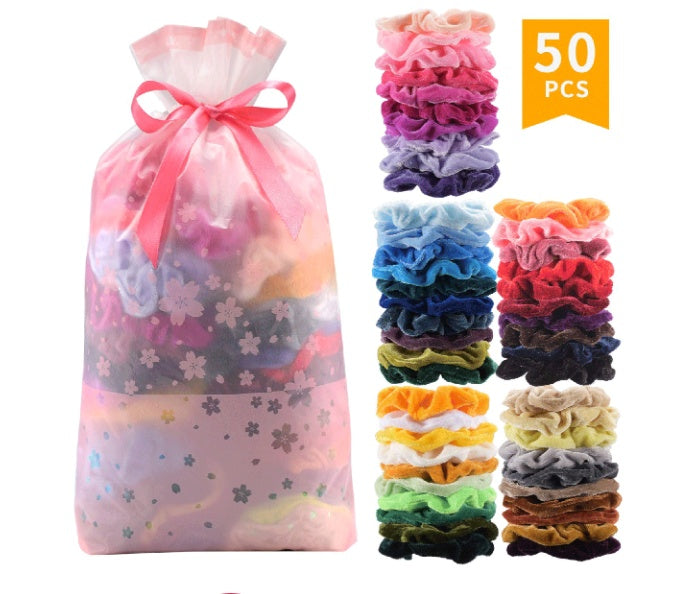 KTX-067219 Gold Velvet Hair Bands - 50 Piece Set with 10 cm Diameter for Stylish Hair Care