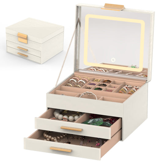 KTX-351763 3 Layer PU Leather Jewelry Box with LED Touch Mirror and Dimmable Light for Earrings, Rings, Necklaces, and Bracelets