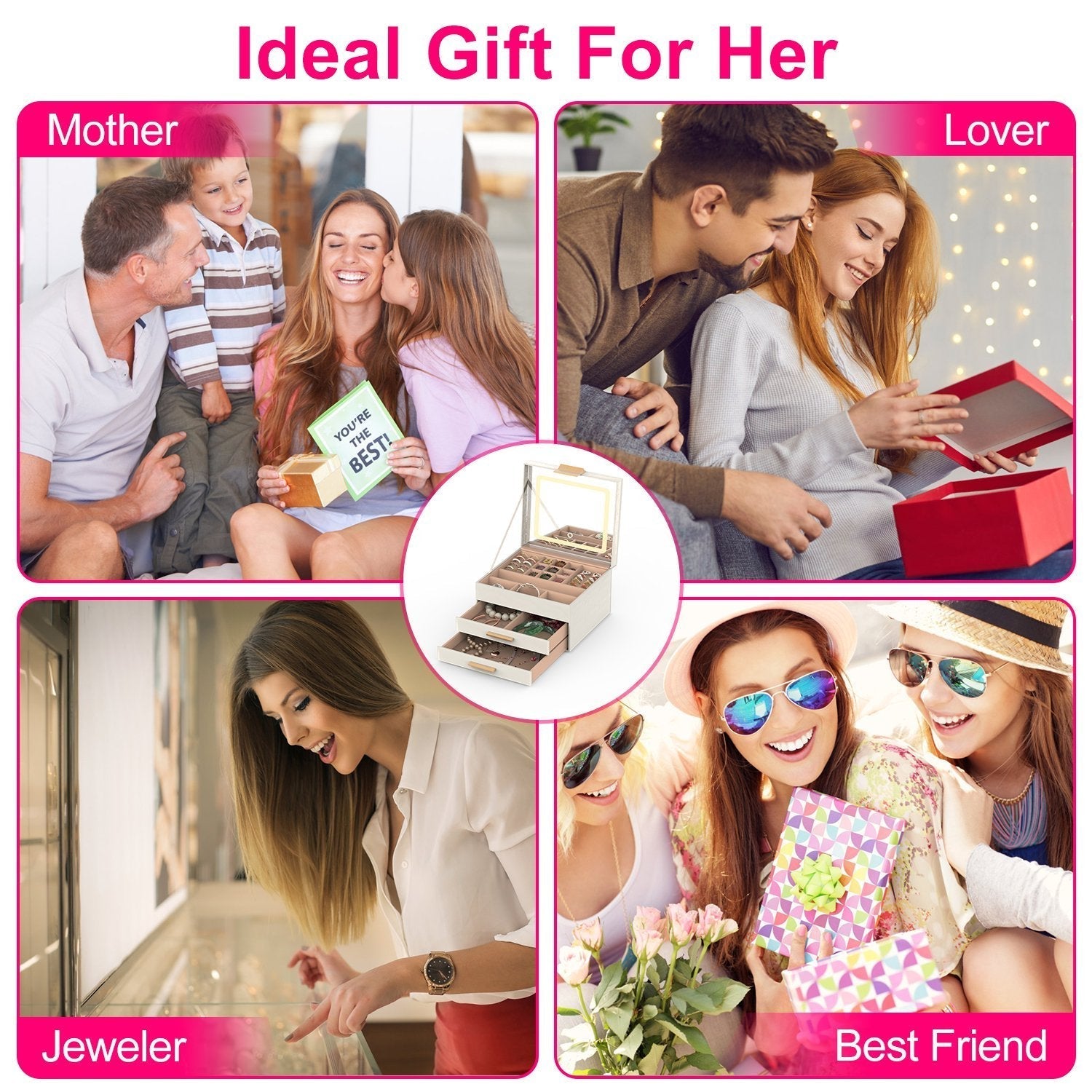 KTX-351763 3 Layer PU Leather Jewelry Box with LED Touch Mirror and Dimmable Light for Earrings, Rings, Necklaces, and Bracelets