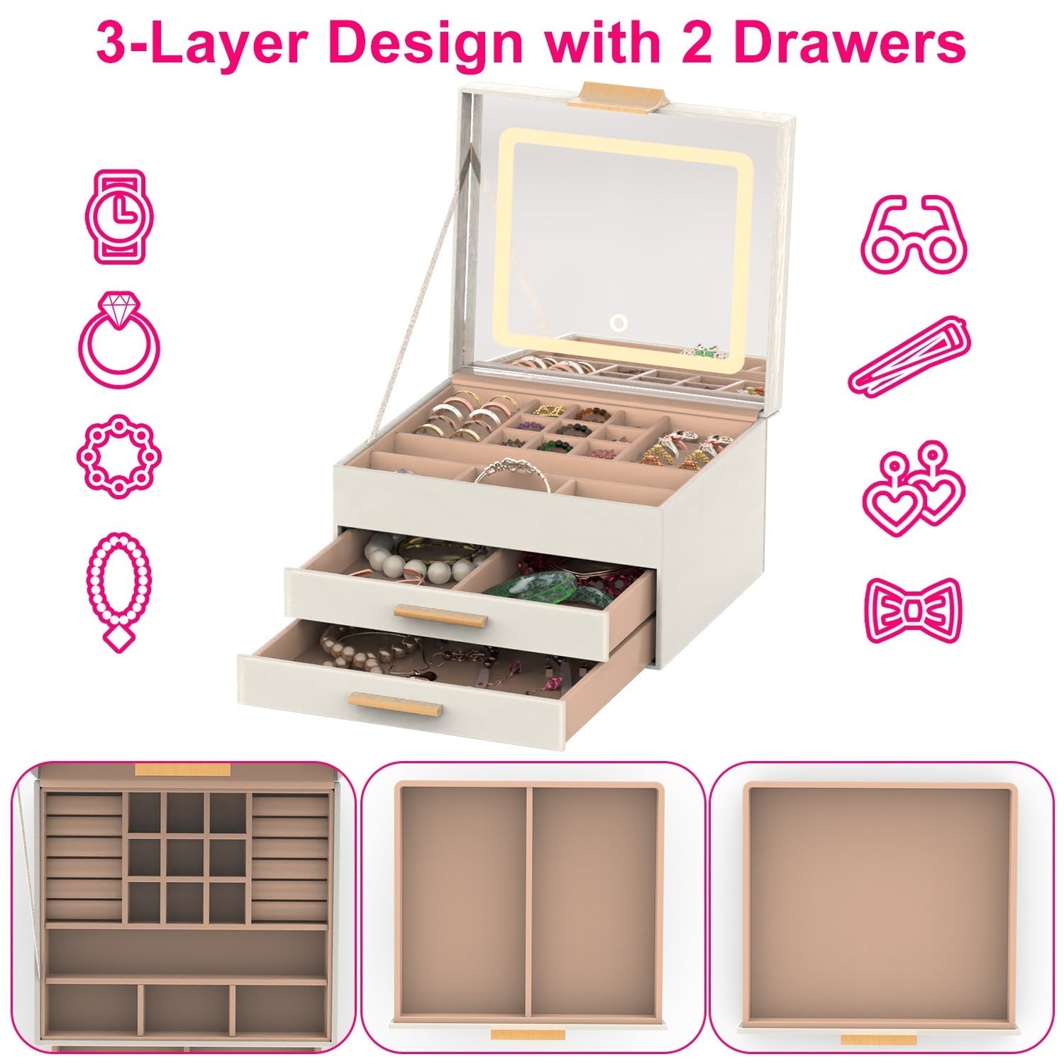 KTX-351763 3 Layer PU Leather Jewelry Box with LED Touch Mirror and Dimmable Light for Earrings, Rings, Necklaces, and Bracelets