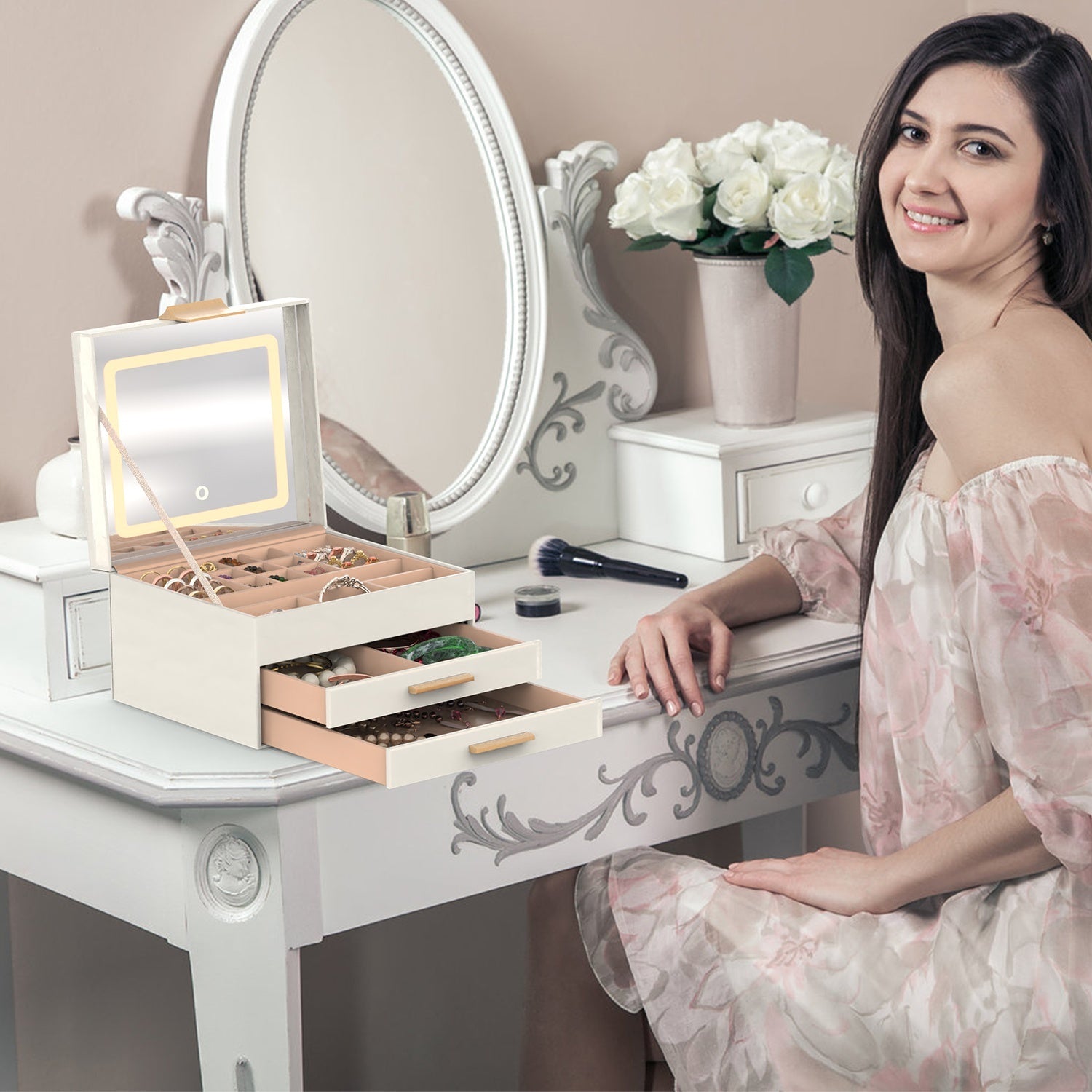 KTX-351763 3 Layer PU Leather Jewelry Box with LED Touch Mirror and Dimmable Light for Earrings, Rings, Necklaces, and Bracelets