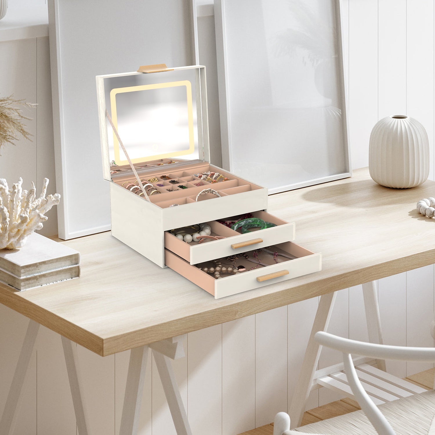 KTX-351763 3 Layer PU Leather Jewelry Box with LED Touch Mirror and Dimmable Light for Earrings, Rings, Necklaces, and Bracelets