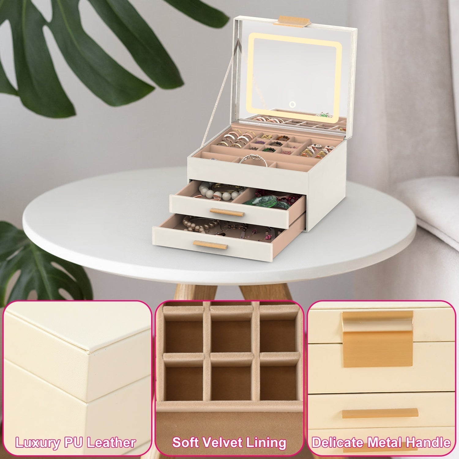 KTX-351763 3 Layer PU Leather Jewelry Box with LED Touch Mirror and Dimmable Light for Earrings, Rings, Necklaces, and Bracelets
