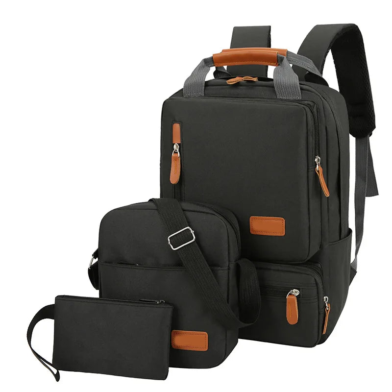 KTX-818067 Men’s Three-Piece Casual Backpack for Outdoor Travel and School, Large Capacity with Zipper Closure and Durable Polyester