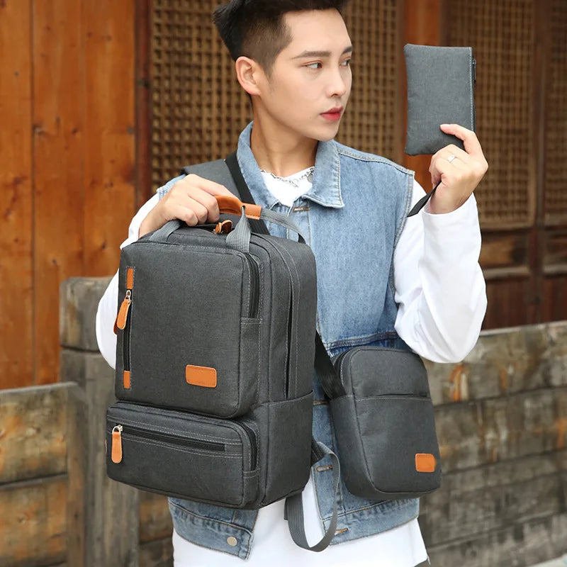 KTX-818067 Men’s Three-Piece Casual Backpack for Outdoor Travel and School, Large Capacity with Zipper Closure and Durable Polyester