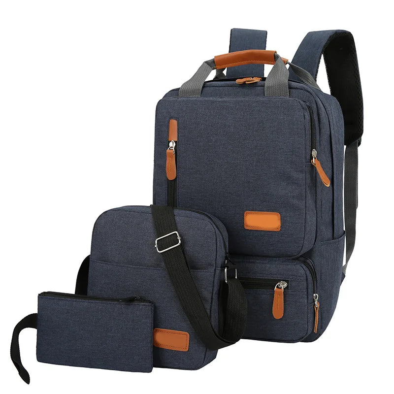 KTX-818067 Men’s Three-Piece Casual Backpack for Outdoor Travel and School, Large Capacity with Zipper Closure and Durable Polyester
