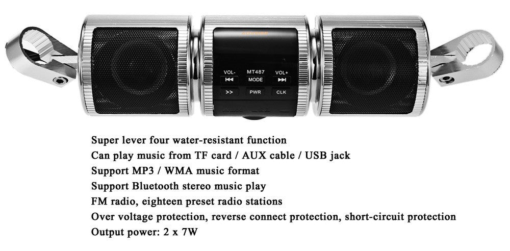 KTX-112083 Waterproof Bluetooth Motorcycle Speakers with FM Radio, USB and AUX Audio Player