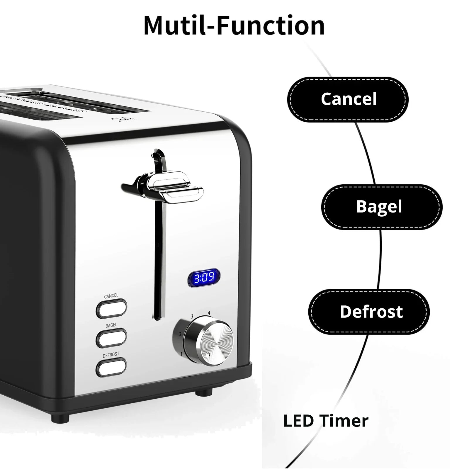 KTX-912595 Digital LED Display Stainless Steel Toaster with Countdown Timer for 2 Slices