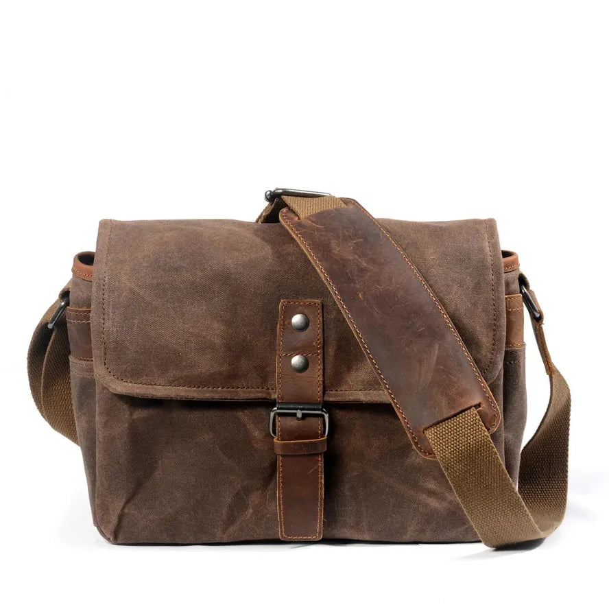 KTX-876499 Genuine Leather and Waxed Canvas Crossbody Bag for Travel and Photography