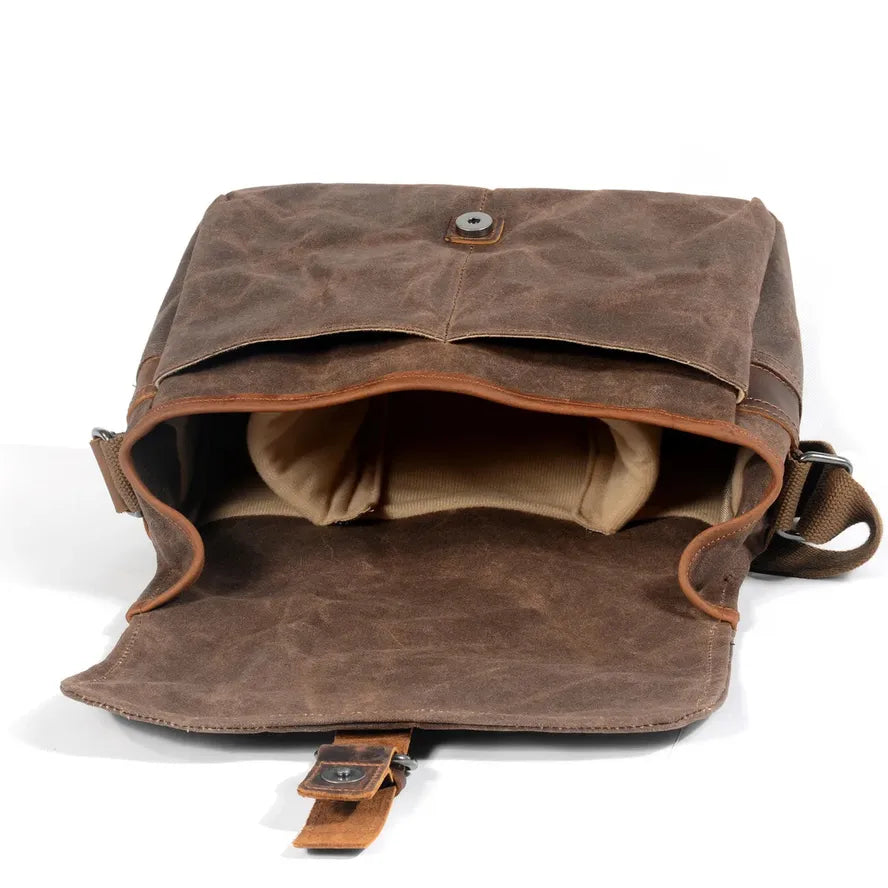 KTX-876499 Genuine Leather and Waxed Canvas Crossbody Bag for Travel and Photography