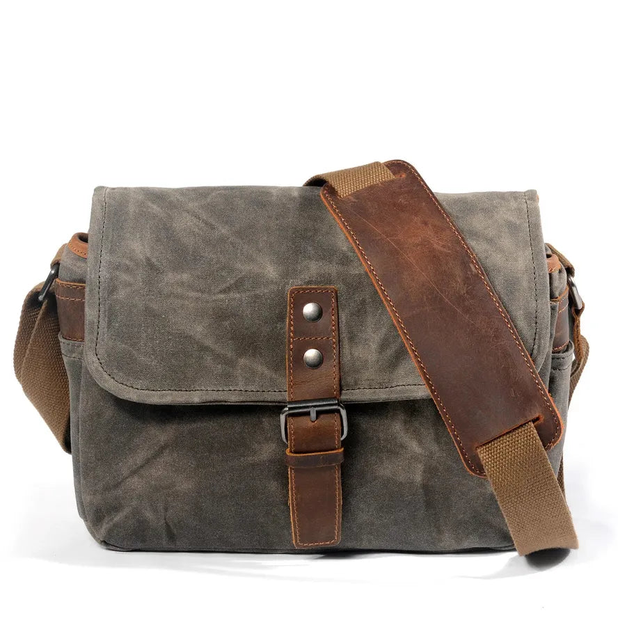 KTX-876499 Genuine Leather and Waxed Canvas Crossbody Bag for Travel and Photography
