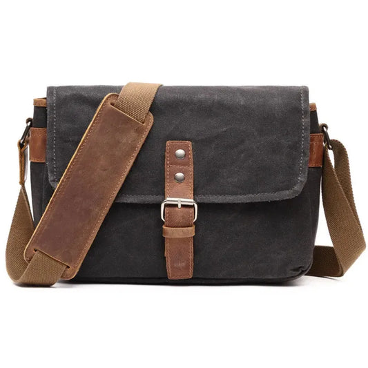 KTX-876499 Genuine Leather and Waxed Canvas Crossbody Bag for Travel and Photography