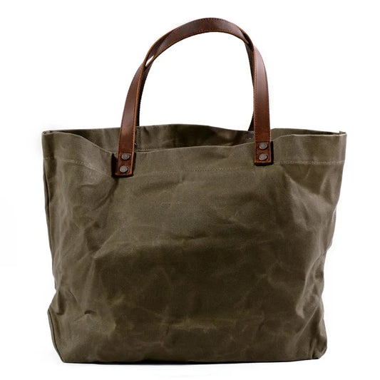 KTX-283411 Waterproof Wax Canvas Casual Shoulder Handbag with Cowhide Trim